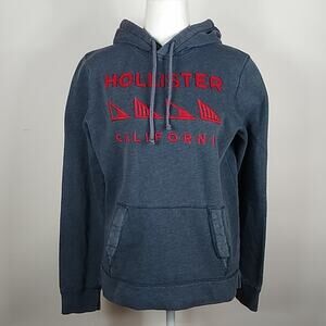 Hollister Womens Kangaroo Pocket Hoodie Large Logo Gray/Blue Small